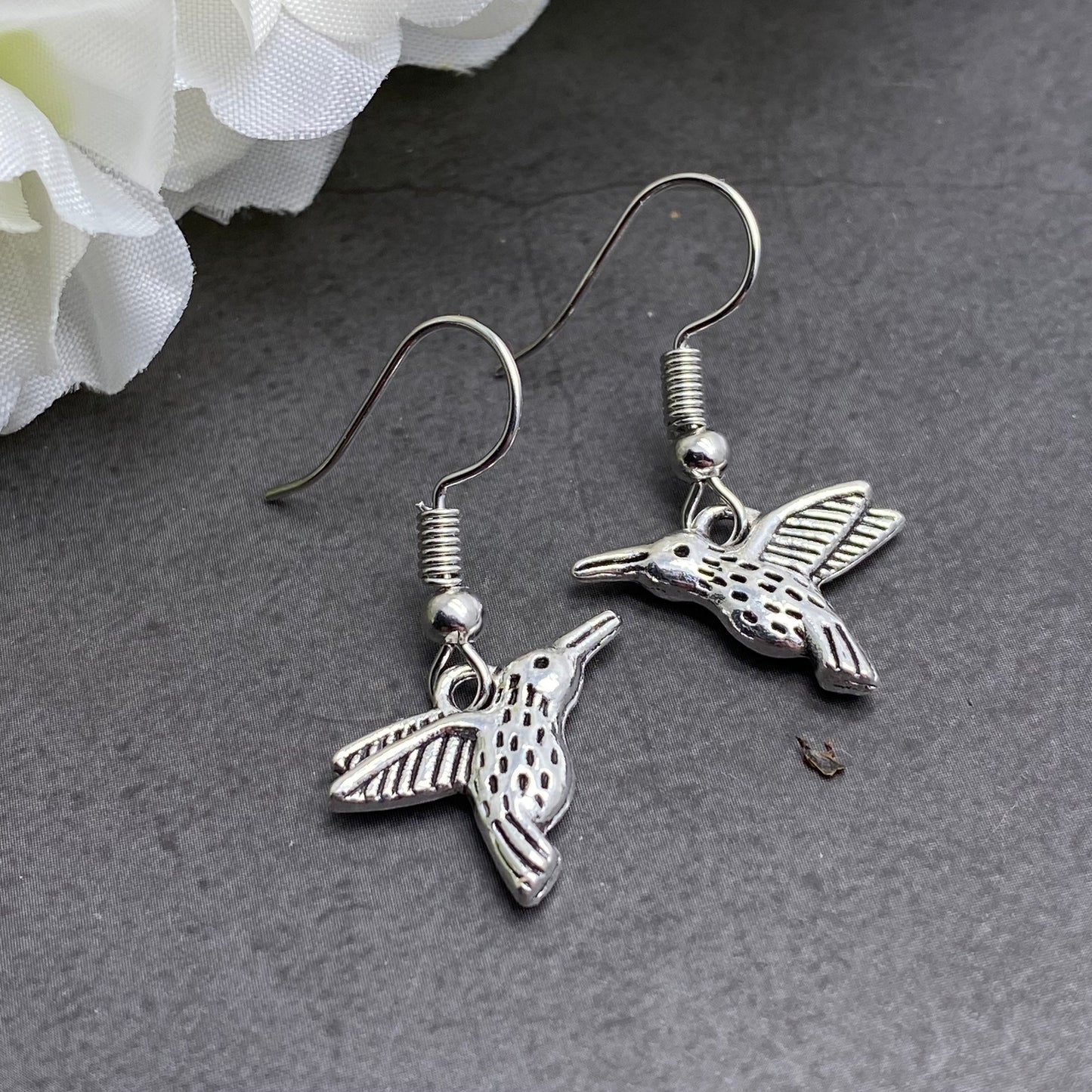 Hummingbird Charm Earrings, Silver Plated Hooks
