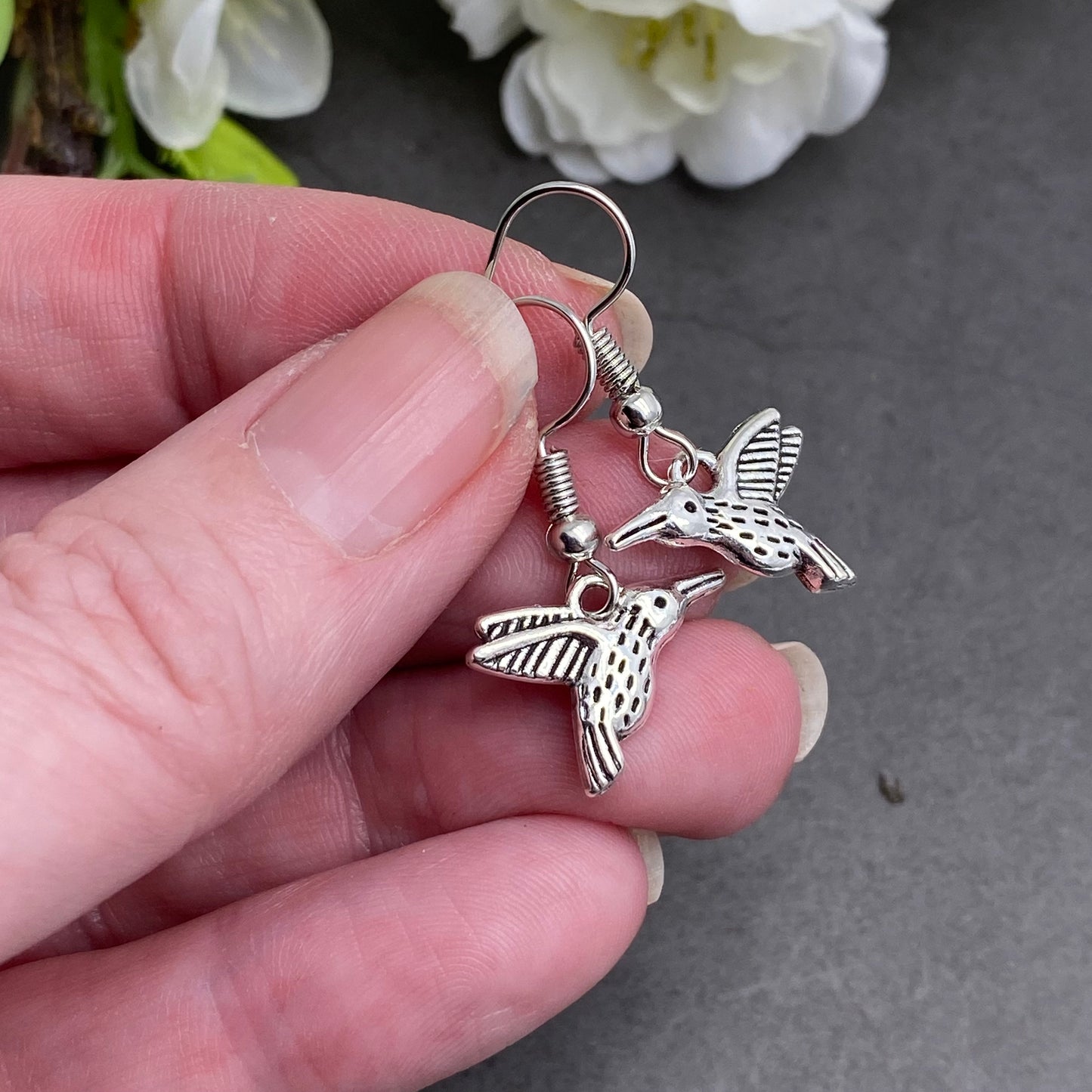 Hummingbird Charm Earrings, Silver Plated Hooks