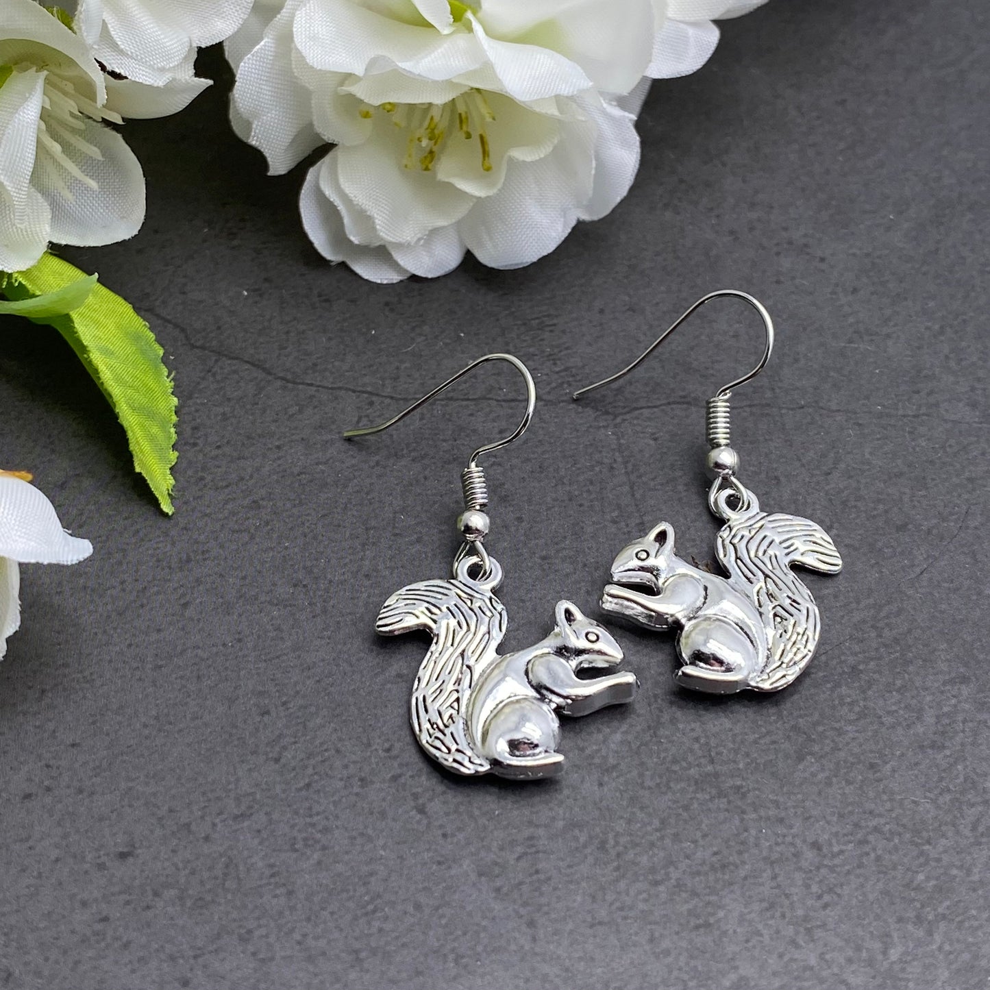 Squirrel Charm Earrings, Tibetan Silver Plated Charms