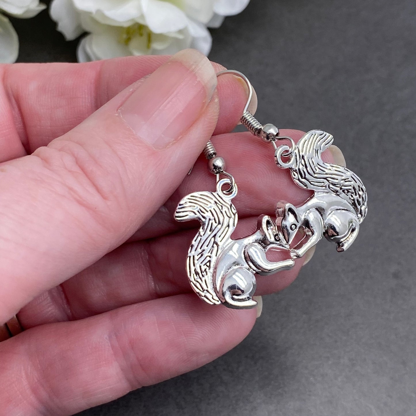 Squirrel Charm Earrings, Tibetan Silver Plated Charms