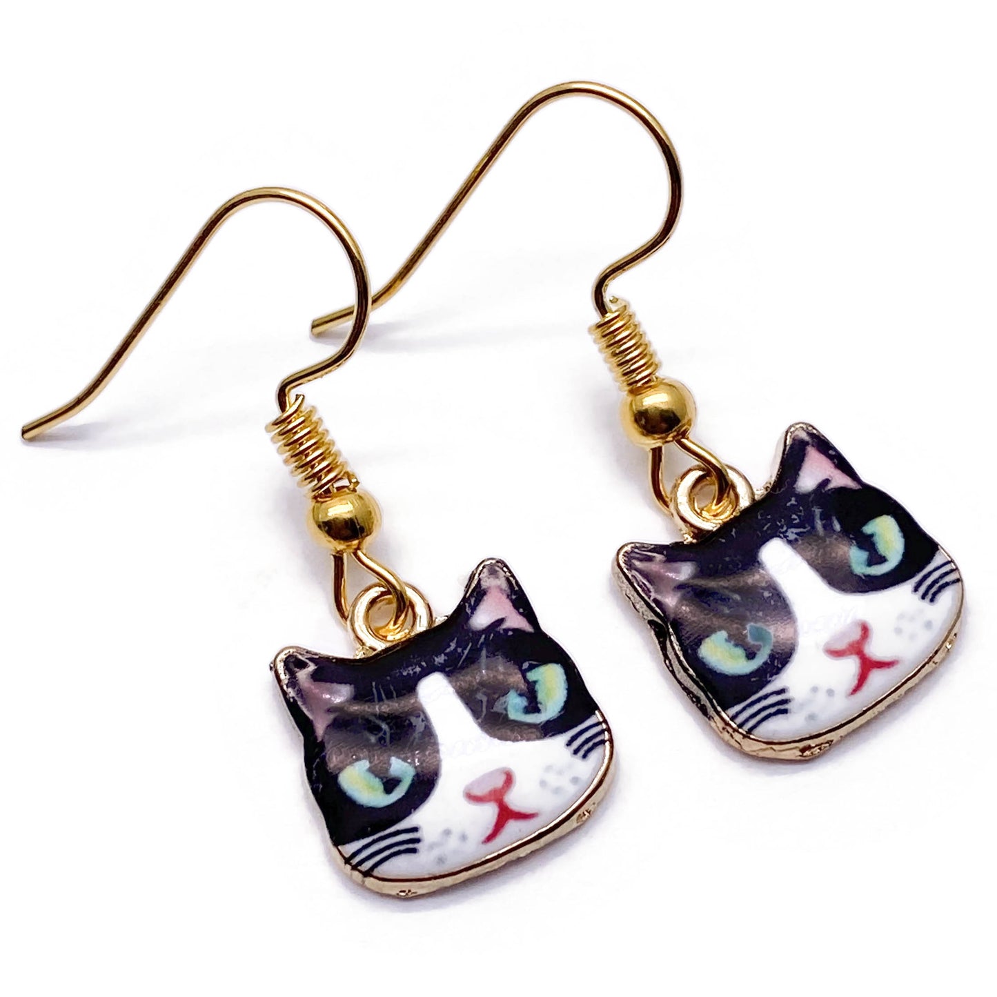 Black Kitty Cat Enamel Charm Earrings, Cute Black and White Cat Face