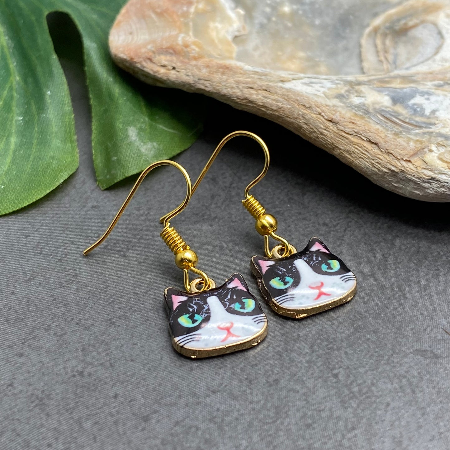 Black Kitty Cat Enamel Charm Earrings, Cute Black and White Cat Face