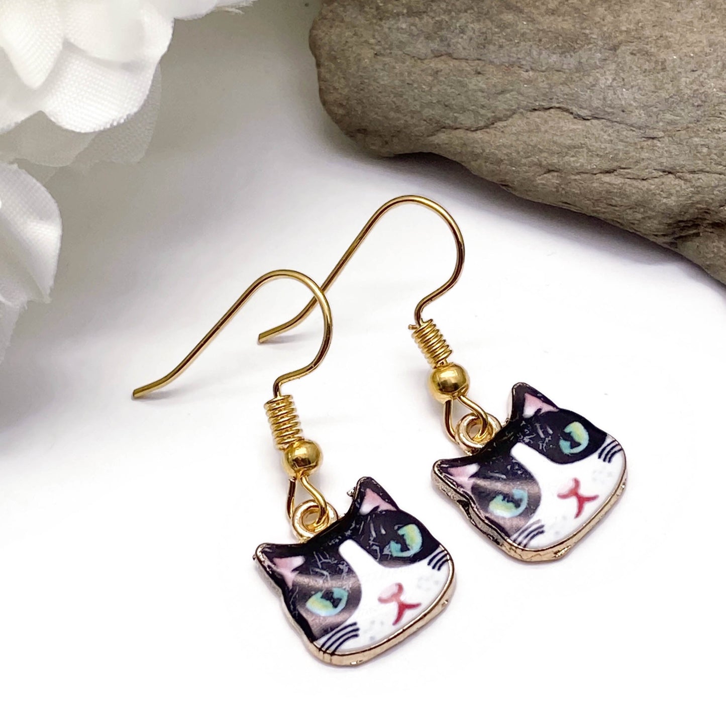 Black Kitty Cat Enamel Charm Earrings, Cute Black and White Cat Face