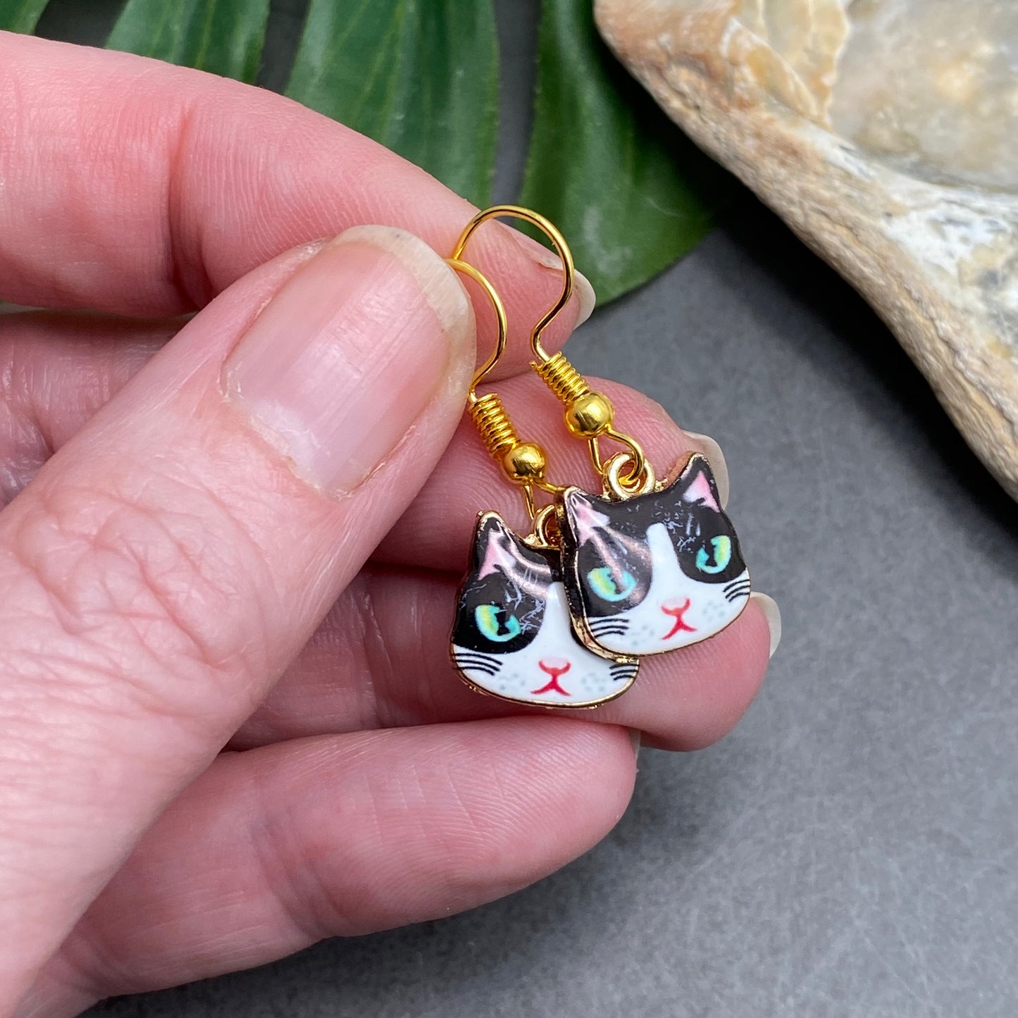 Black Kitty Cat Enamel Charm Earrings, Cute Black and White Cat Face