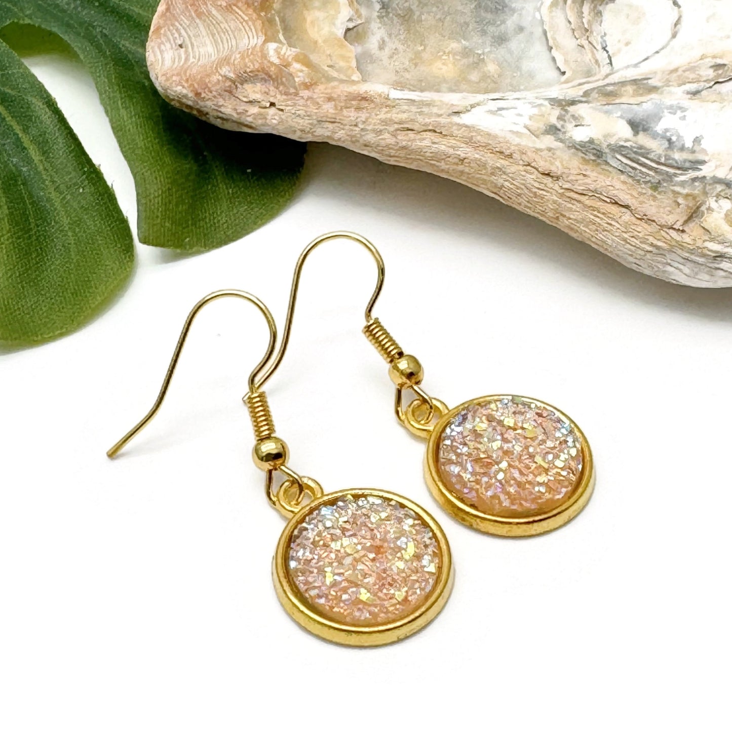 Sandy Beige Druzy Resin Gold Plated Earrings