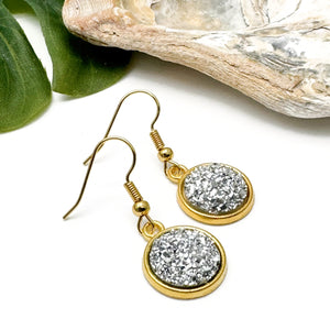 Pale Grey Druzy Resin Gold Plated Earrings