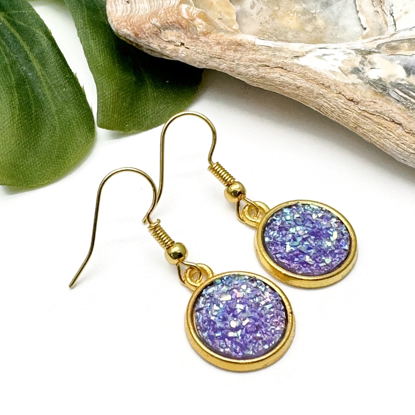 Lilac Druzy Resin Gold Plated Earrings