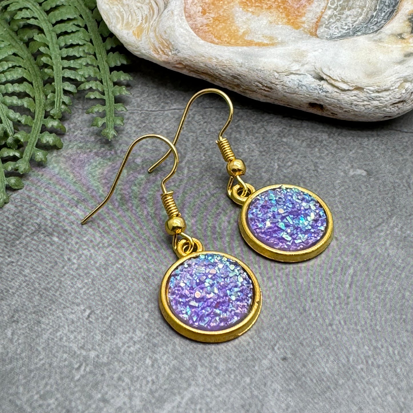 Lilac Druzy Resin Gold Plated Earrings