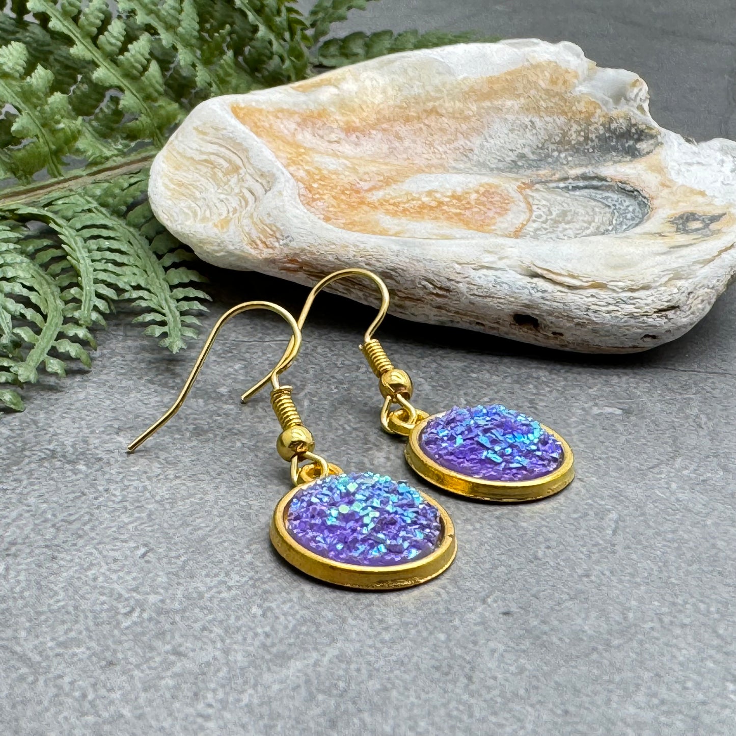 Lilac Druzy Resin Gold Plated Earrings
