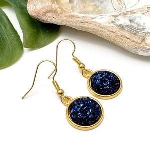 Navy Blue Druzy Resin Gold Plated Earrings