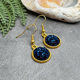 Navy Blue Druzy Resin Gold Plated Earrings