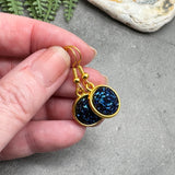 Navy Blue Druzy Resin Gold Plated Earrings