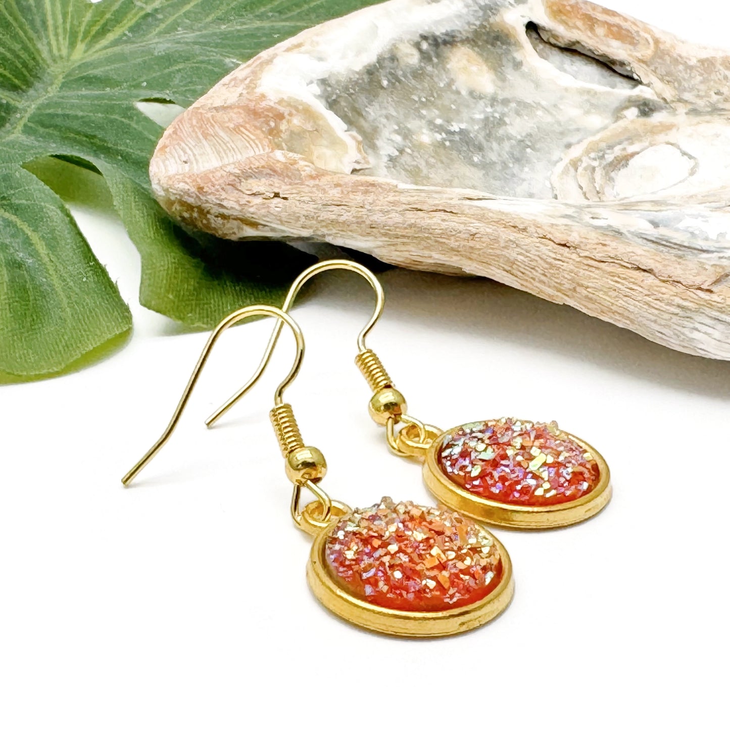 Pink Druzy Resin Gold Plated Earrings