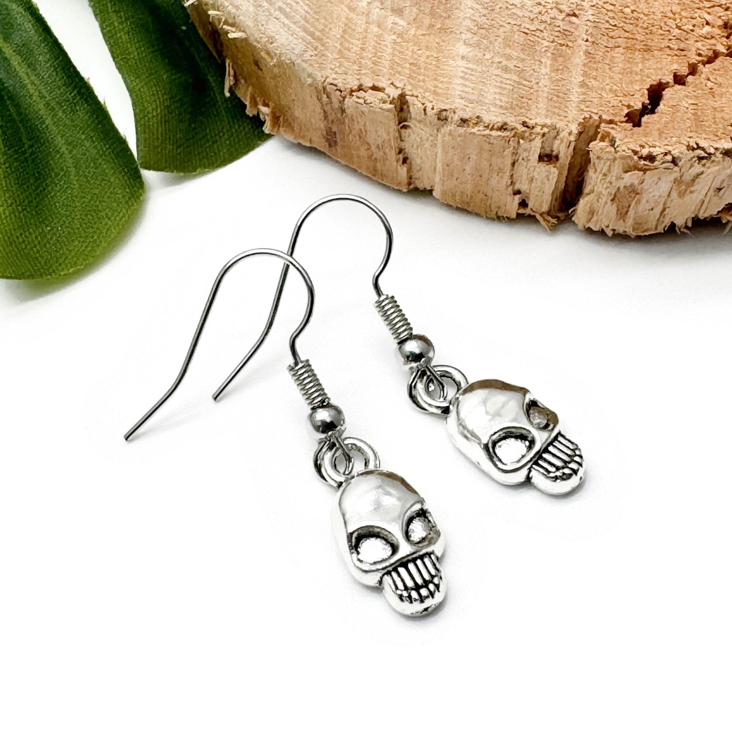 Small Skull Charm Earrings, Tibetan Silver Halloween Charms : 32mm