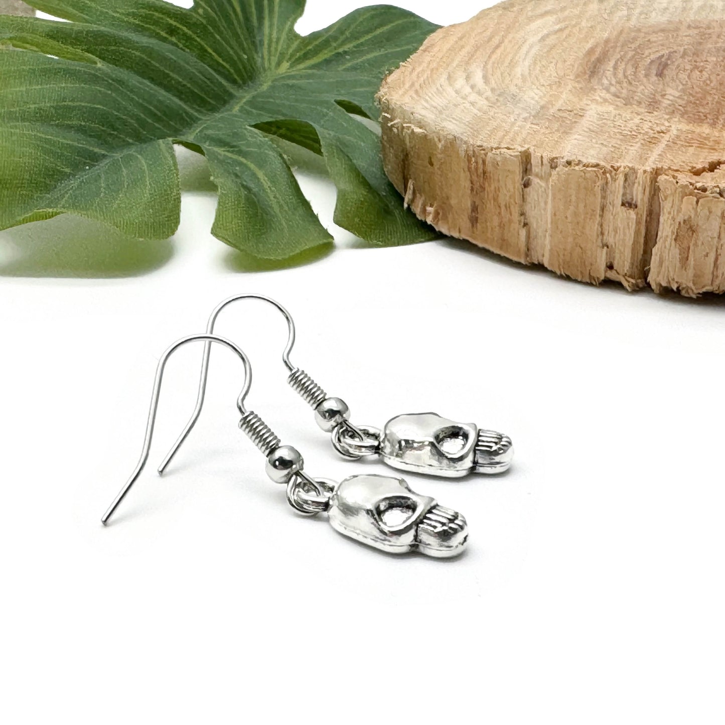 Small Skull Charm Earrings, Tibetan Silver Halloween Charms : 32mm