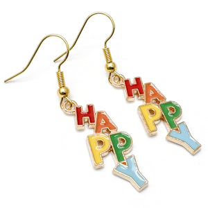 HAPPY Charm Earrings, Rainbow Multi-Colour Enamel Beads