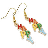 HAPPY Charm Earrings, Rainbow Multi-Colour Enamel Beads