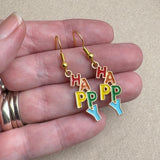 HAPPY Charm Earrings, Rainbow Multi-Colour Enamel Beads