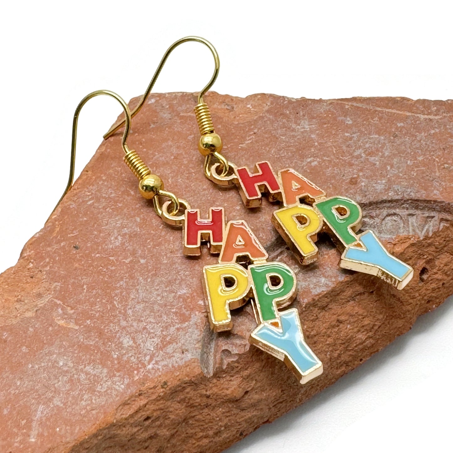 HAPPY Charm Earrings, Rainbow Multi-Colour Enamel Beads