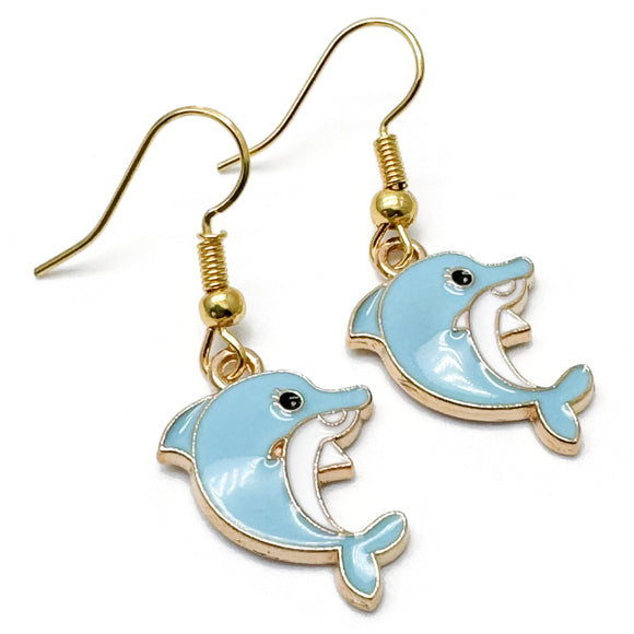 Dolphin Charm Earrings, Super Cute Blue Enamel Charms