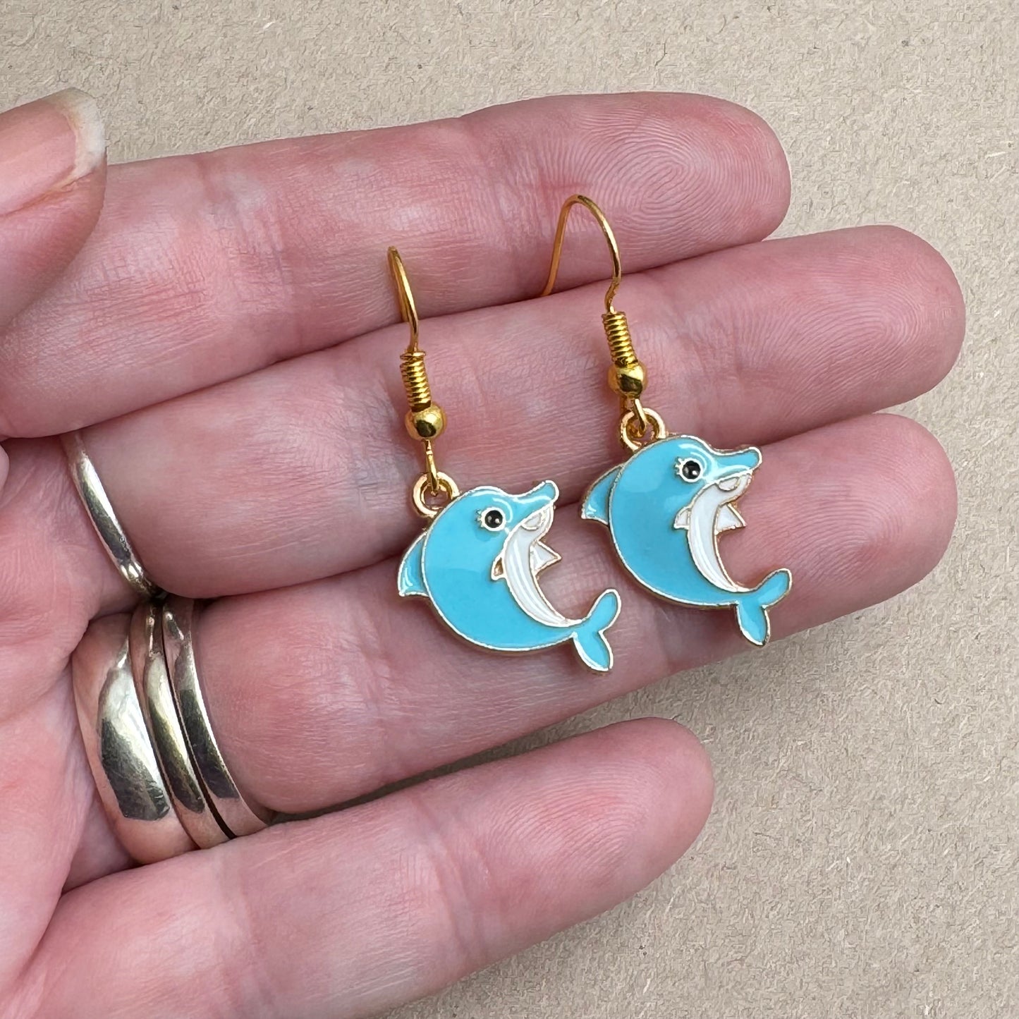 Dolphin Charm Earrings, Super Cute Blue Enamel Charms