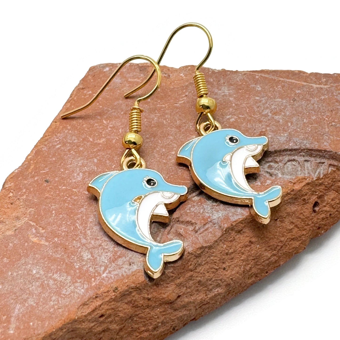 Dolphin Charm Earrings, Super Cute Blue Enamel Charms