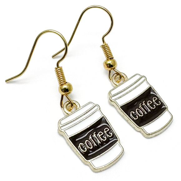 Coffee Mug Charm Earrings, White and Brown Enamel Charm Beads