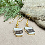 Coffee Mug Charm Earrings, White and Brown Enamel Charm Beads