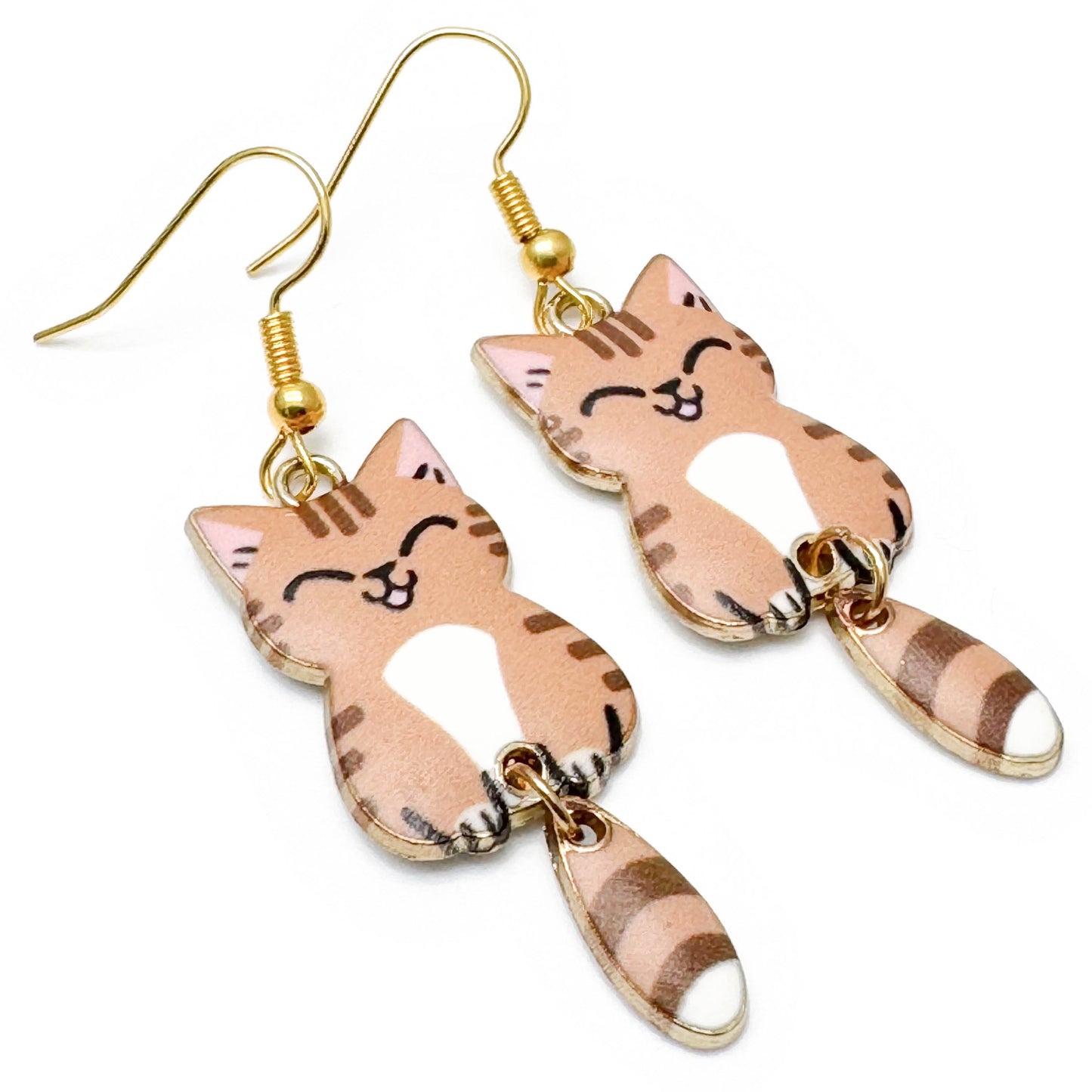 Tan Kitty Cat Charm Earrings, Brown Enamel Charm Beads