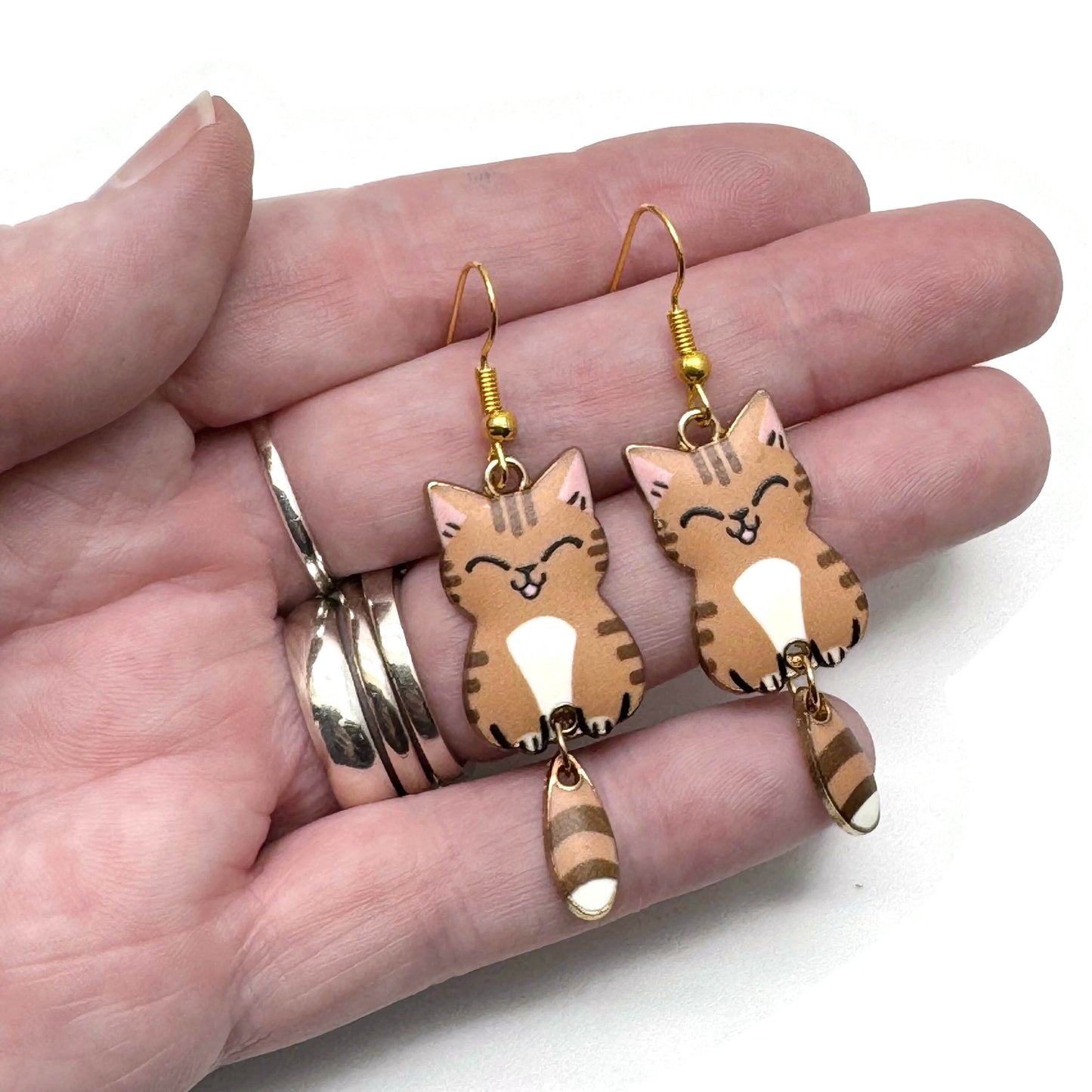 Tan Kitty Cat Charm Earrings, Brown Enamel Charm Beads