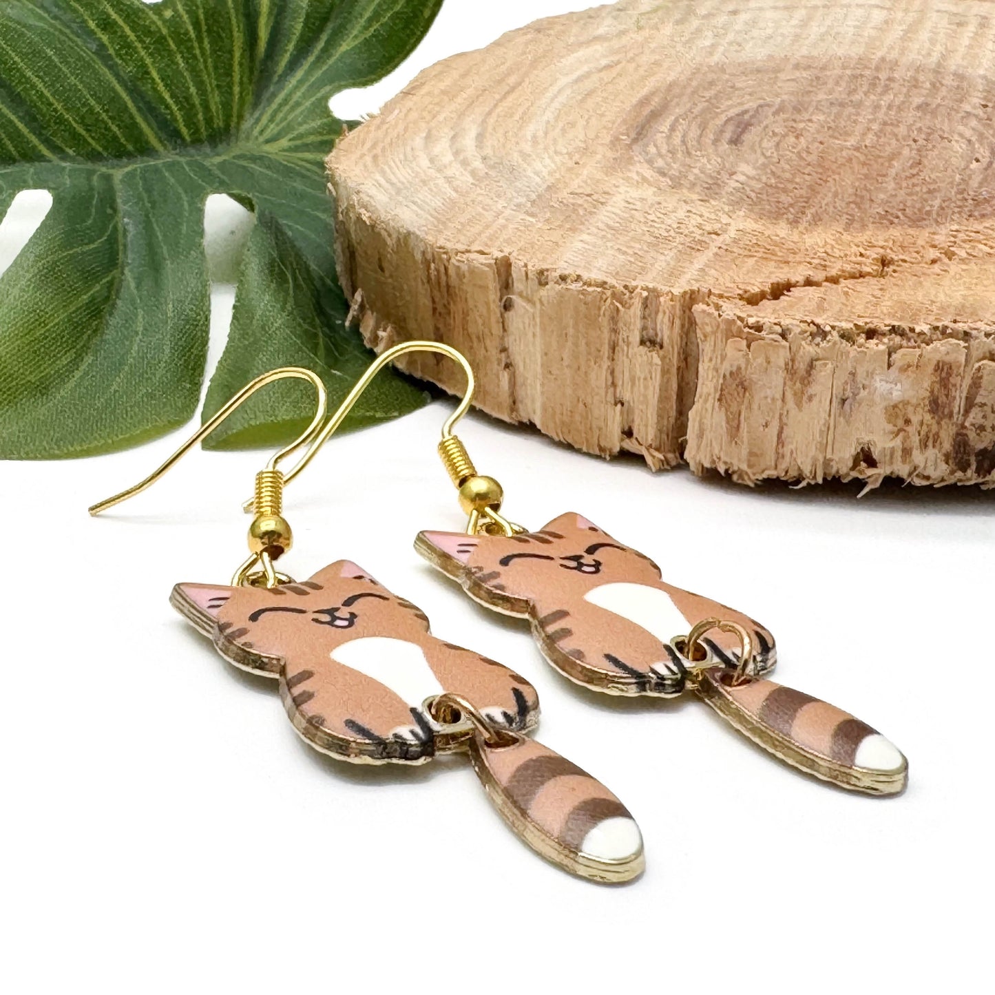 Tan Kitty Cat Charm Earrings, Brown Enamel Charm Beads