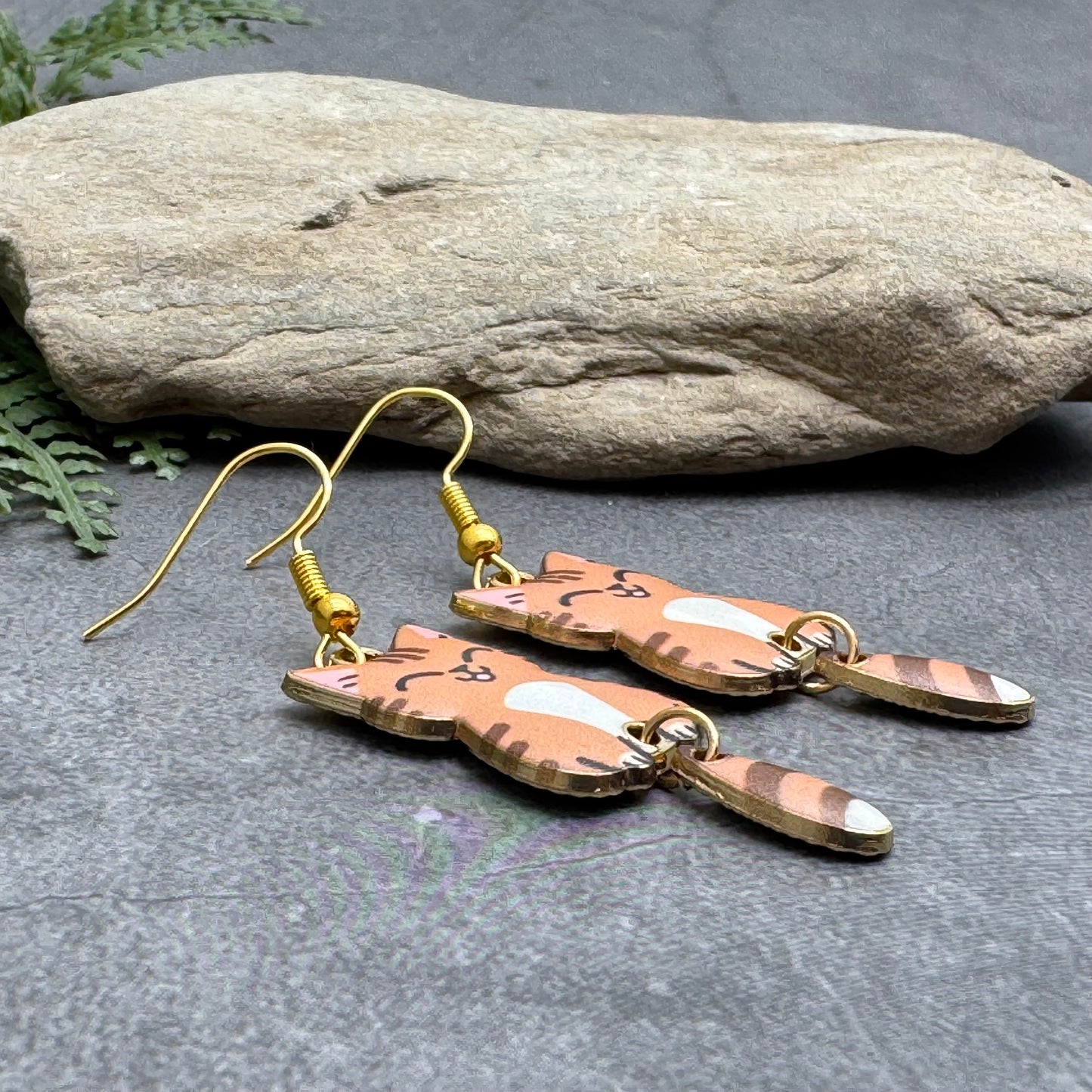 Tan Kitty Cat Charm Earrings, Brown Enamel Charm Beads