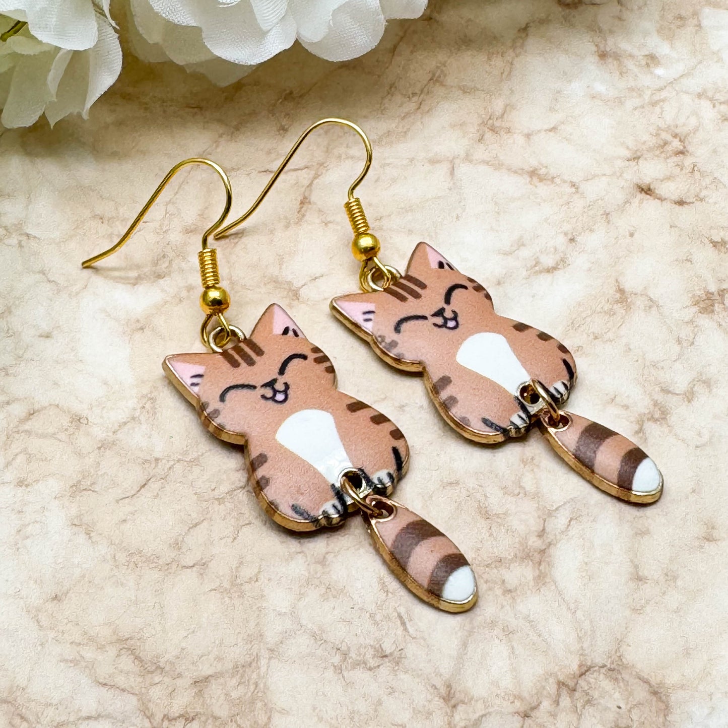 Tan Kitty Cat Charm Earrings, Brown Enamel Charm Beads