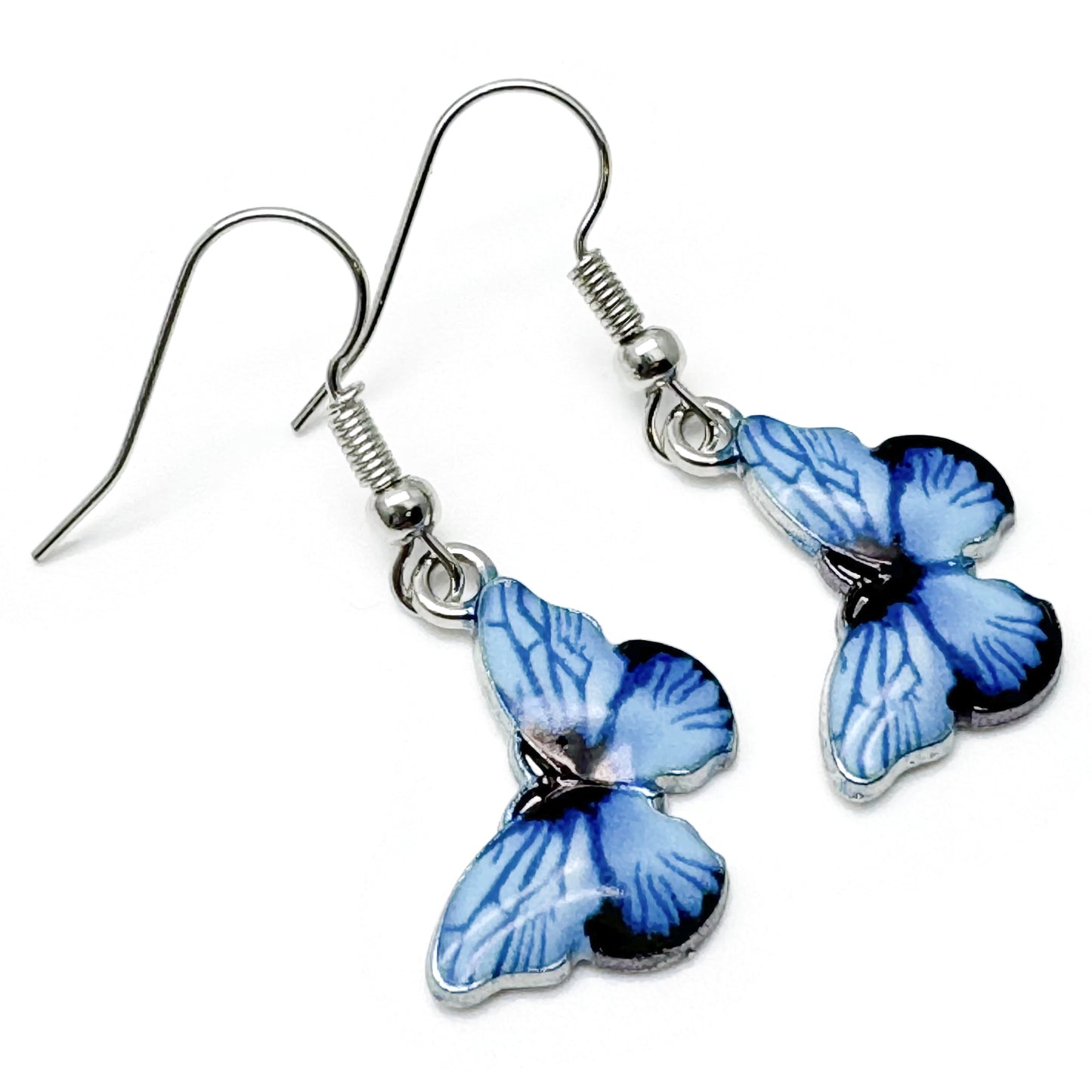 Blue Butterfly Charm Earrings, Enamel Charms : 32mm long