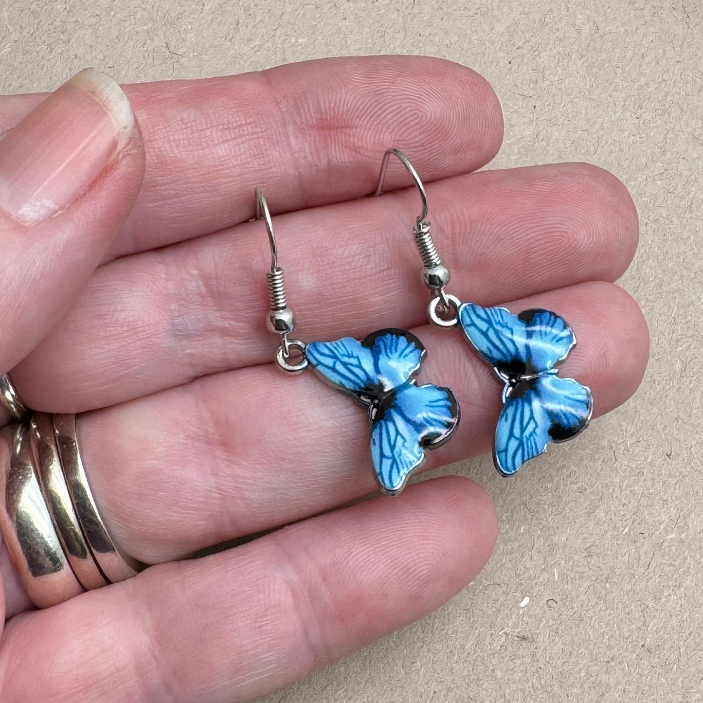 Blue Butterfly Charm Earrings, Enamel Charms : 32mm long