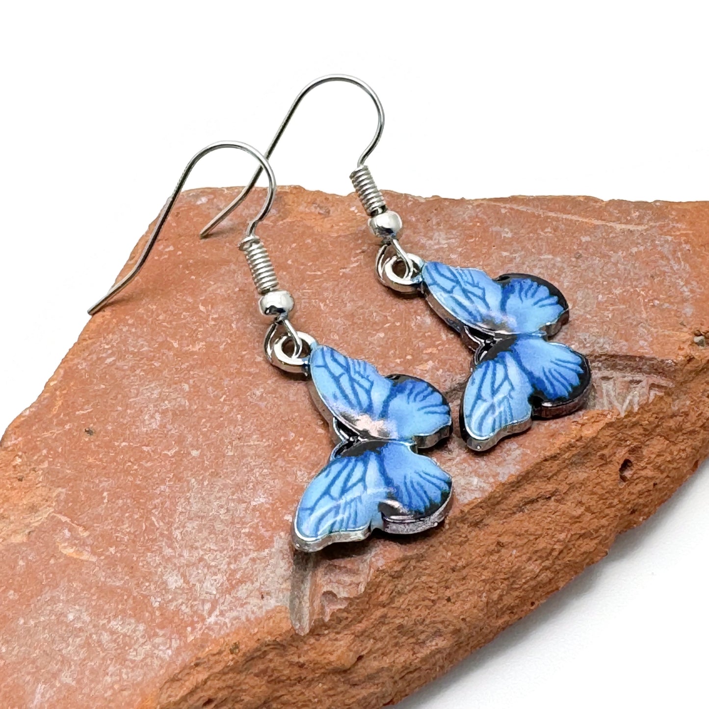 Blue Butterfly Charm Earrings, Enamel Charms : 32mm long