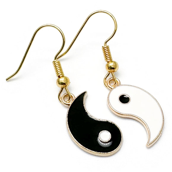 Yin and Yang Charm Earrings, Black and White Enamel Charms