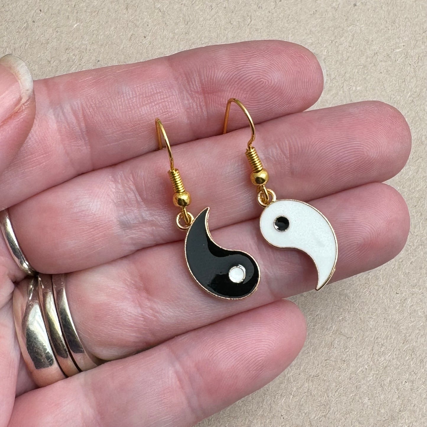 Yin and Yang Charm Earrings, Black and White Enamel Charms