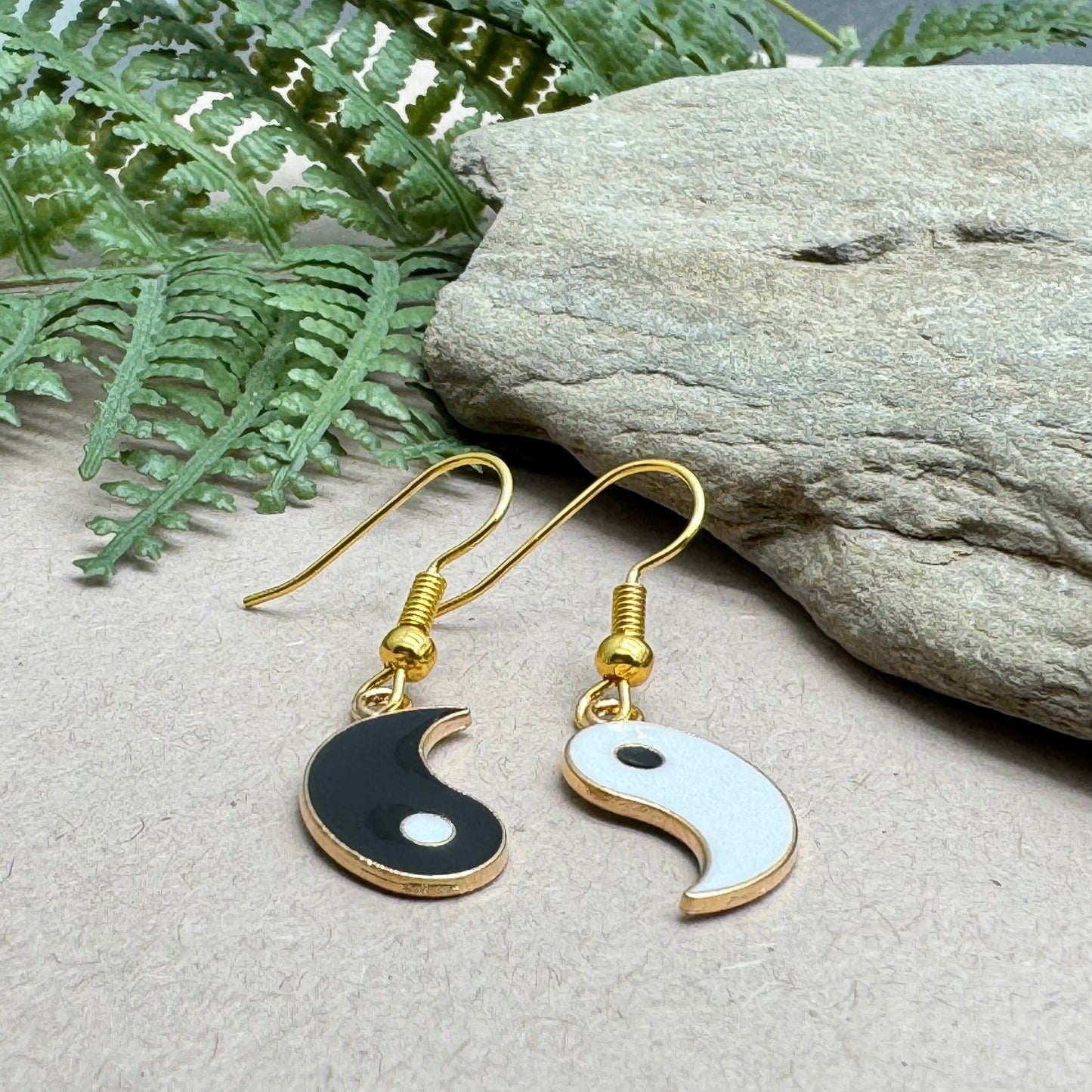 Yin and Yang Charm Earrings, Black and White Enamel Charms