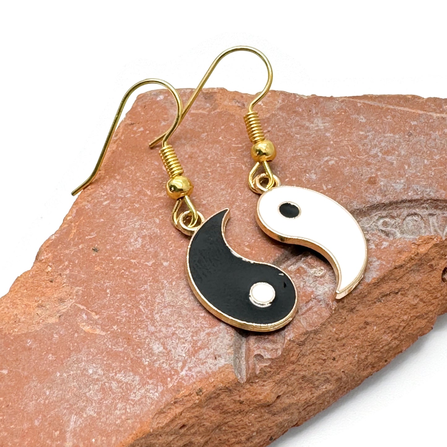 Yin and Yang Charm Earrings, Black and White Enamel Charms