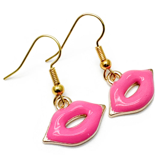 Pink Lips Charm Earrings, Hot Pink Enamel Charm Beads