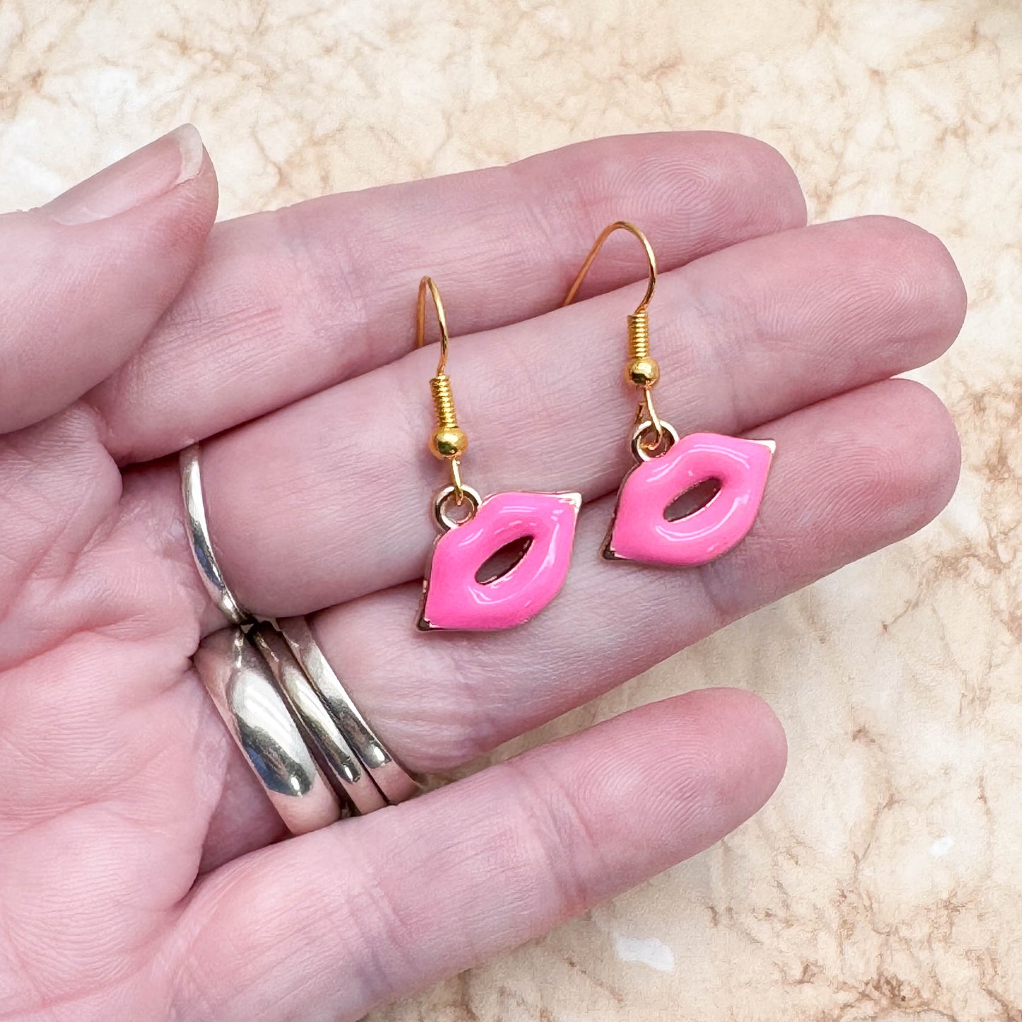 Pink Lips Charm Earrings, Hot Pink Enamel Charm Beads