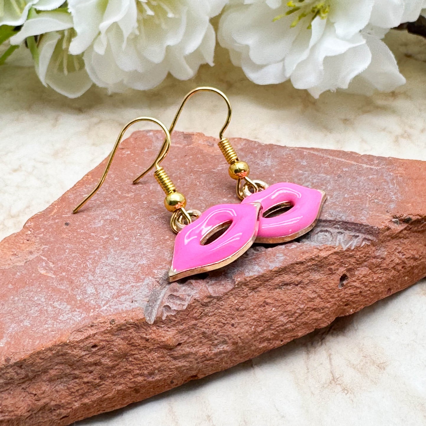 Pink Lips Charm Earrings, Hot Pink Enamel Charm Beads