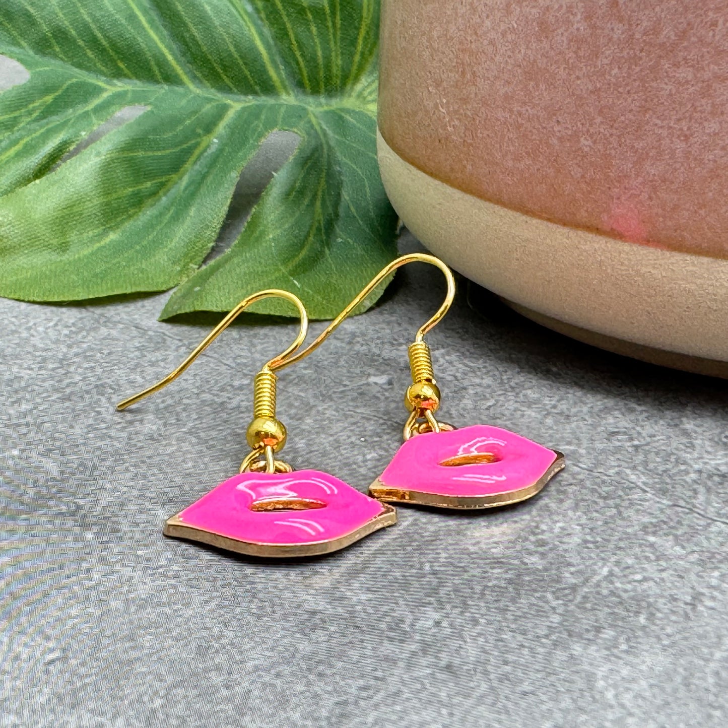 Pink Lips Charm Earrings, Hot Pink Enamel Charm Beads