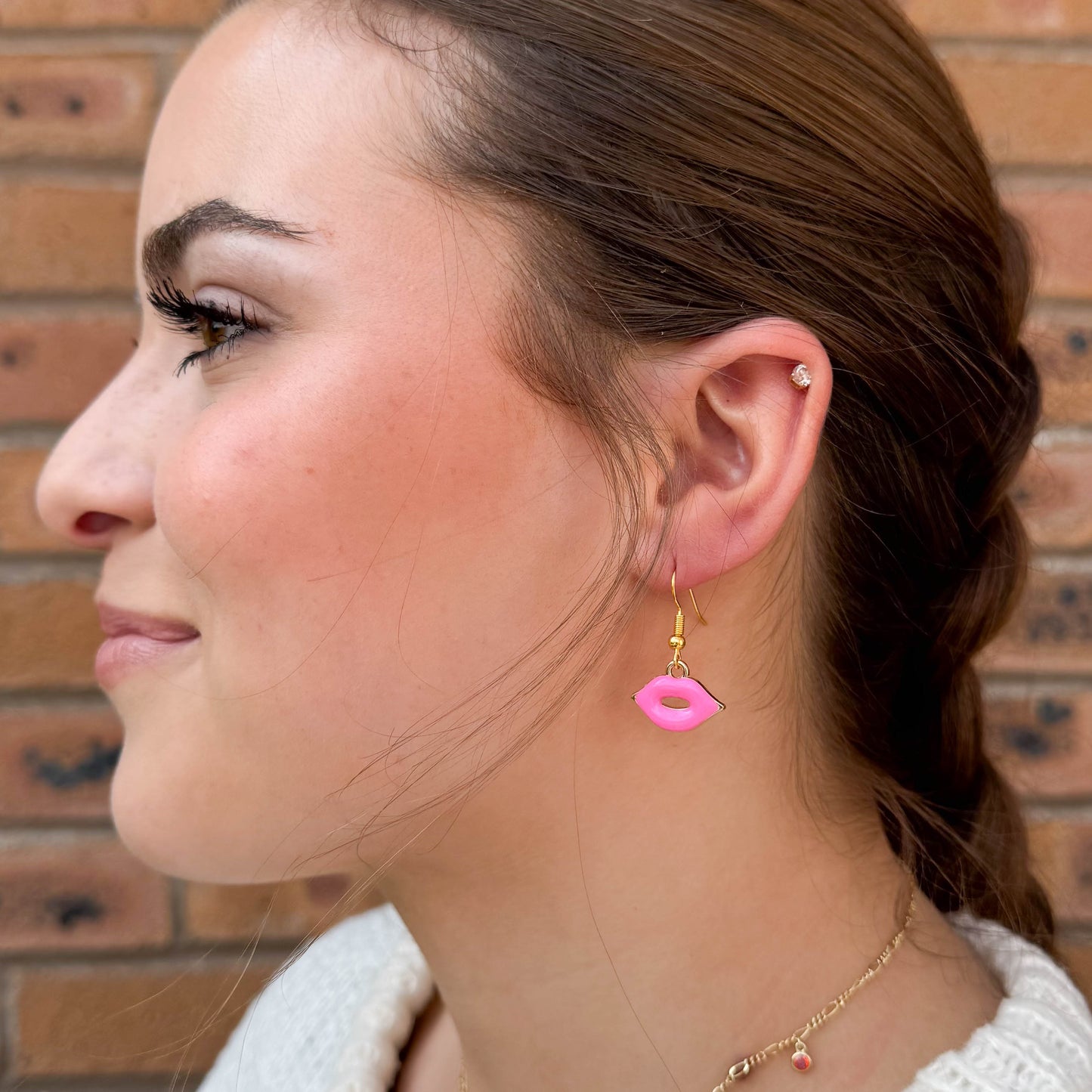 Pink Lips Charm Earrings, Hot Pink Enamel Charm Beads