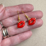 Red Lips Charm Earrings, Bright Red Enamel Charm Beads