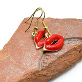 Red Lips Charm Earrings, Bright Red Enamel Charm Beads