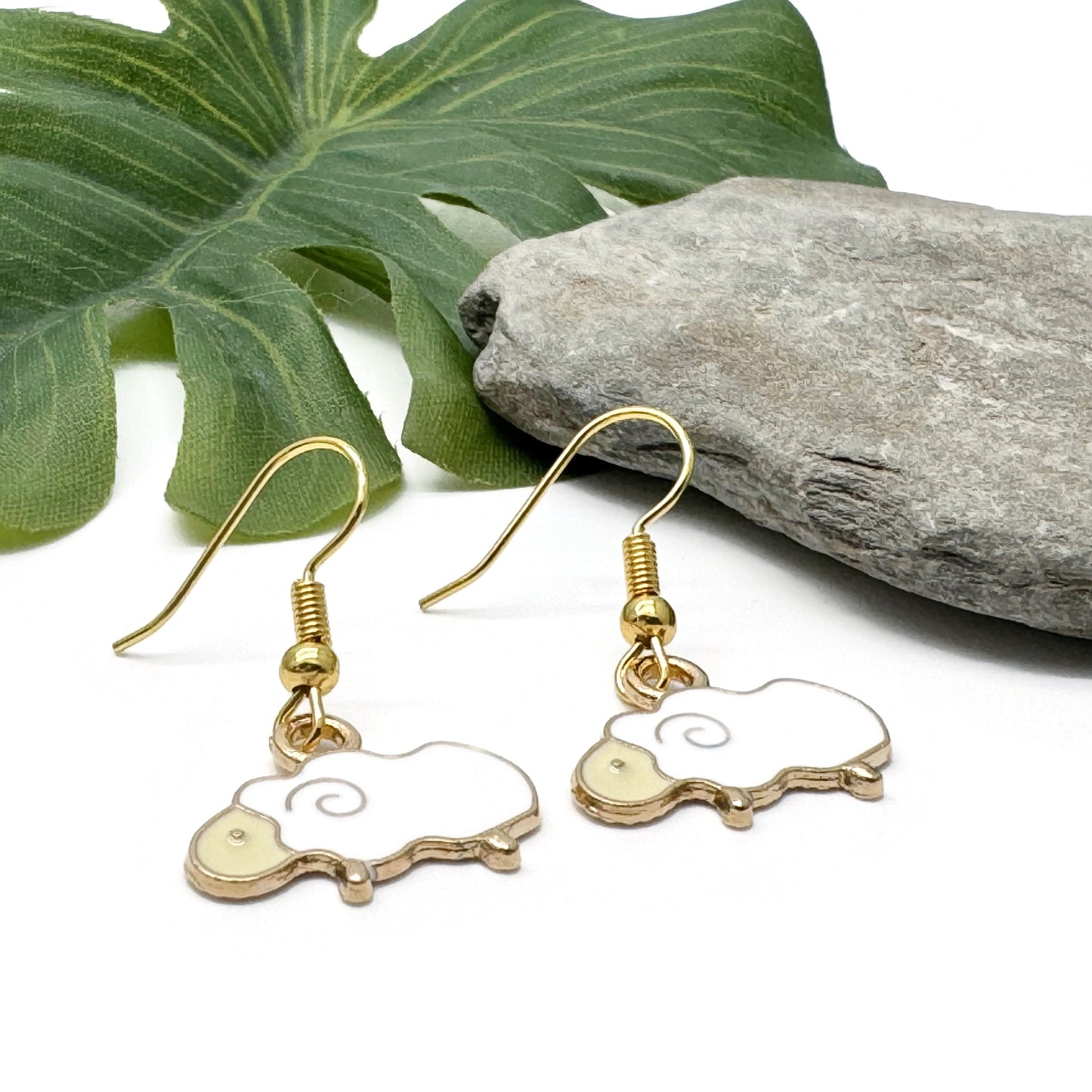 Sheep Charm Earrings, White Enamel Charm Beads