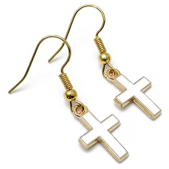 White Cross Charm Earrings, Enamel Faith Charm Beads