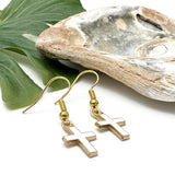 White Cross Charm Earrings, Enamel Faith Charm Beads